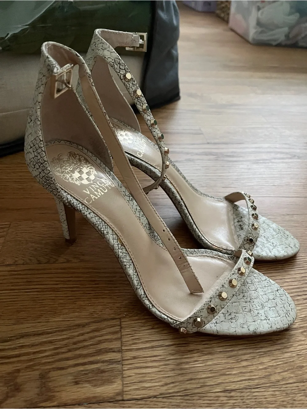 Vince Camuto Ivory Snakeskin T-Strap Studded Heels